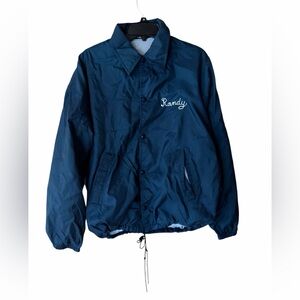 1970s JCPenney Navy Blue Nylon Snap-Closure Embroidered Classic Coach Jacket